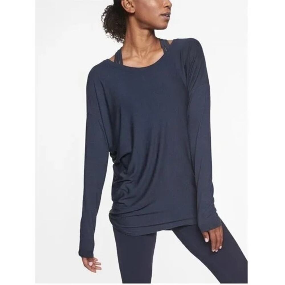 Athleta Threadlight Navy Blue Asymmetrical Long Sleeve Relaxed Fit Tee Top